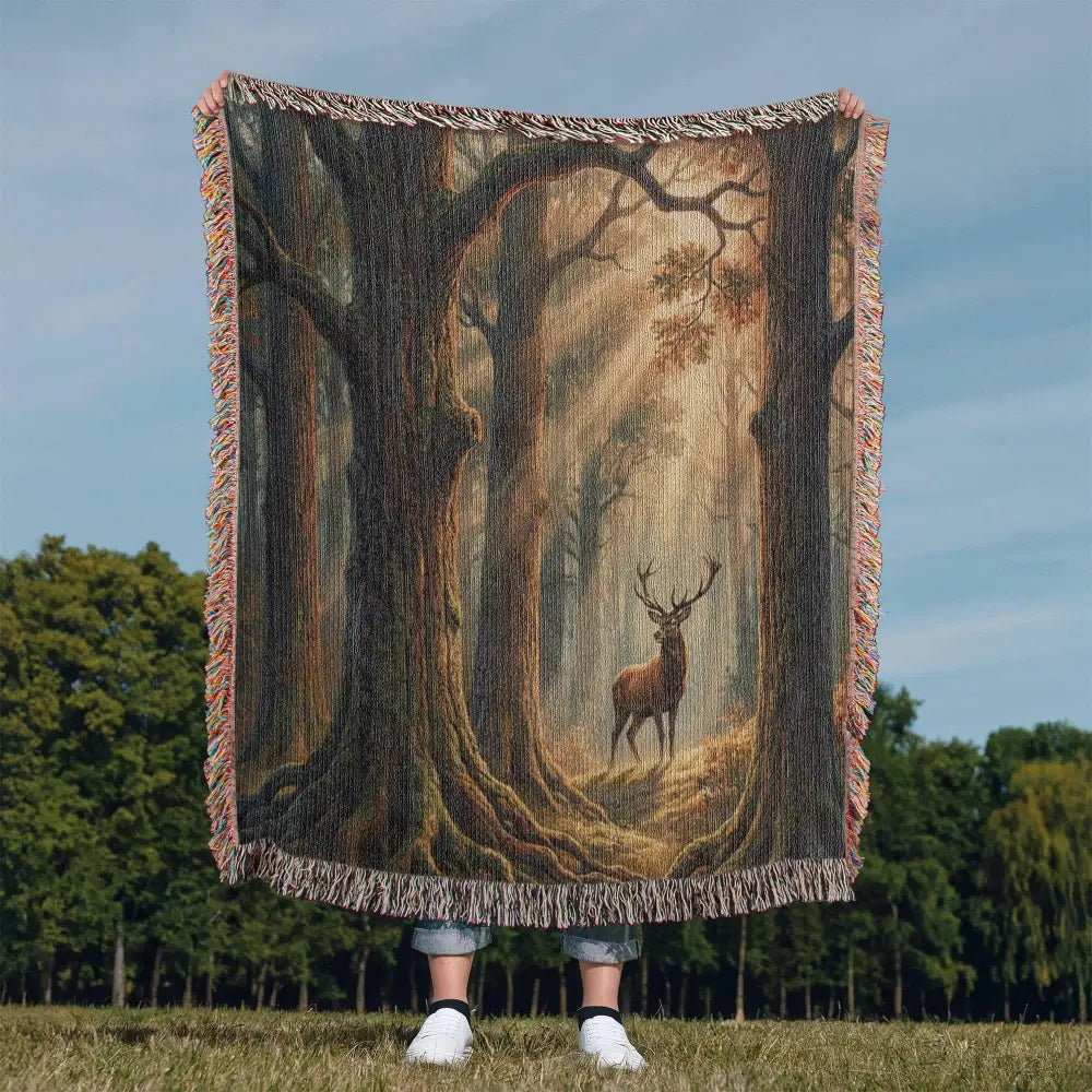 Stag Forest woven cotton throw blanket laid flat showing the full forest scene with the stag centered in morning light — Trini Skies