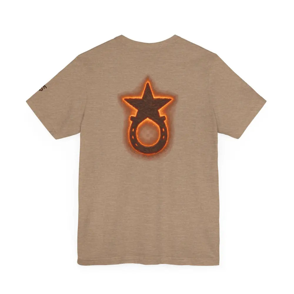 Tan short-sleeve Trini Skies Supply tee with star horseshoe logo