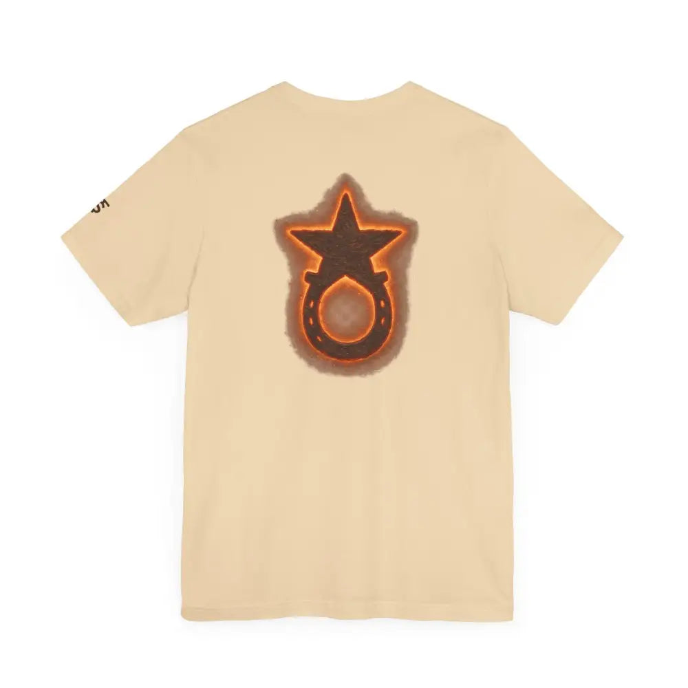 Trini Skies Supply light brown graphic tee with star horseshoe back
