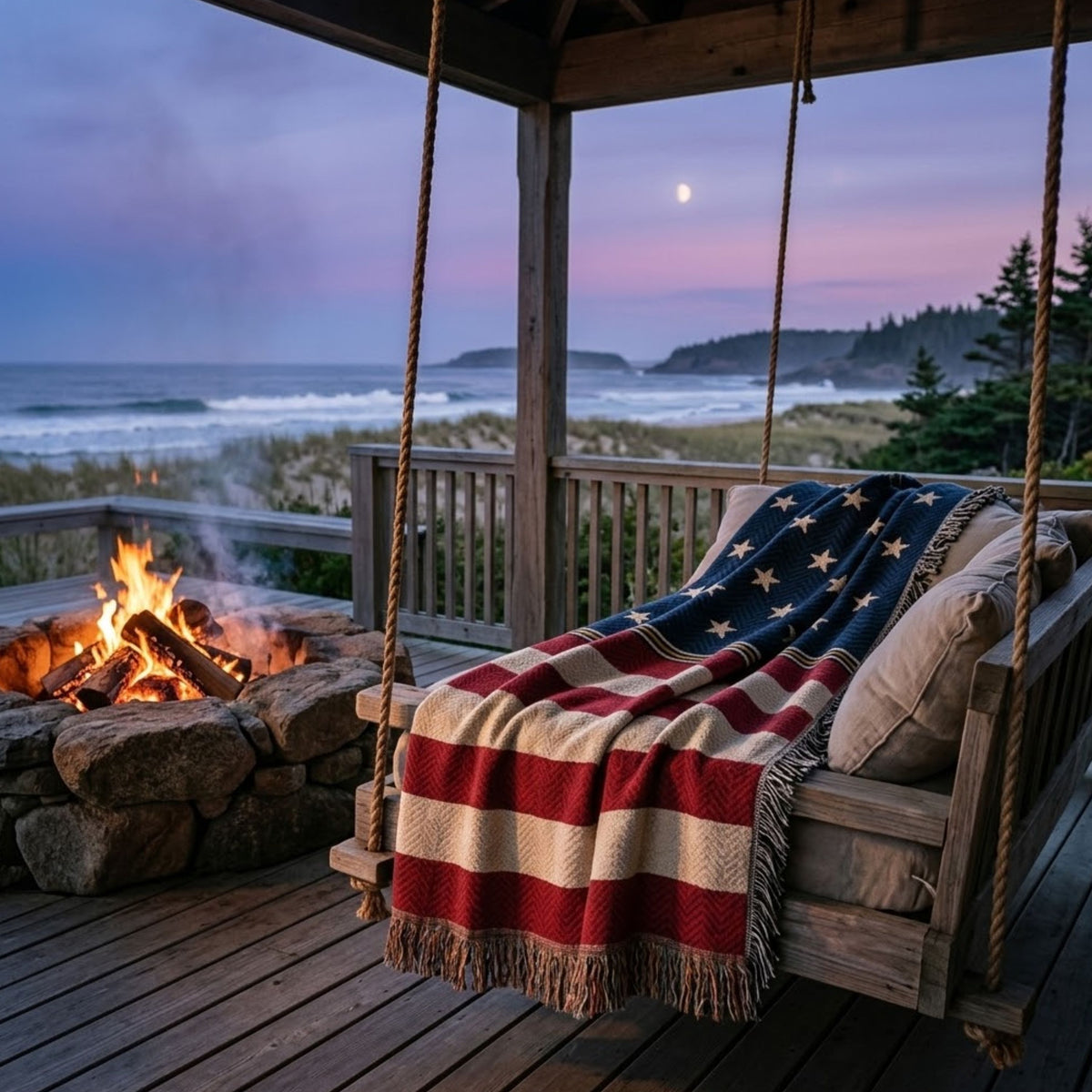 Stars and Stripes cotton throw on a rope porch swing by a fire pit overlooking the ocean at dusk with a full moon