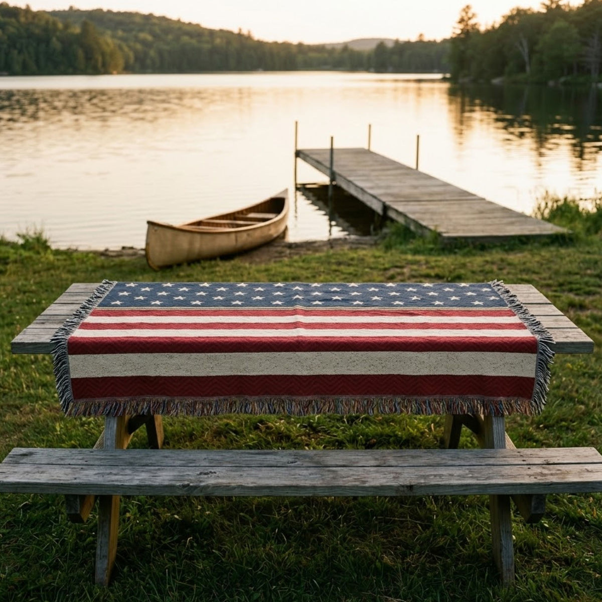 Stars and Stripes woven throw across a lakeside picnic table with a wooden dock and canoe at summer dusk