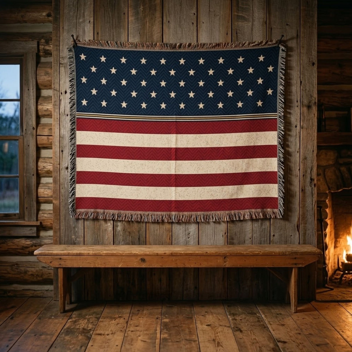 Stars and Stripes vintage Americana woven throw hung on a log cabin wall above a pine bench by the fireplace