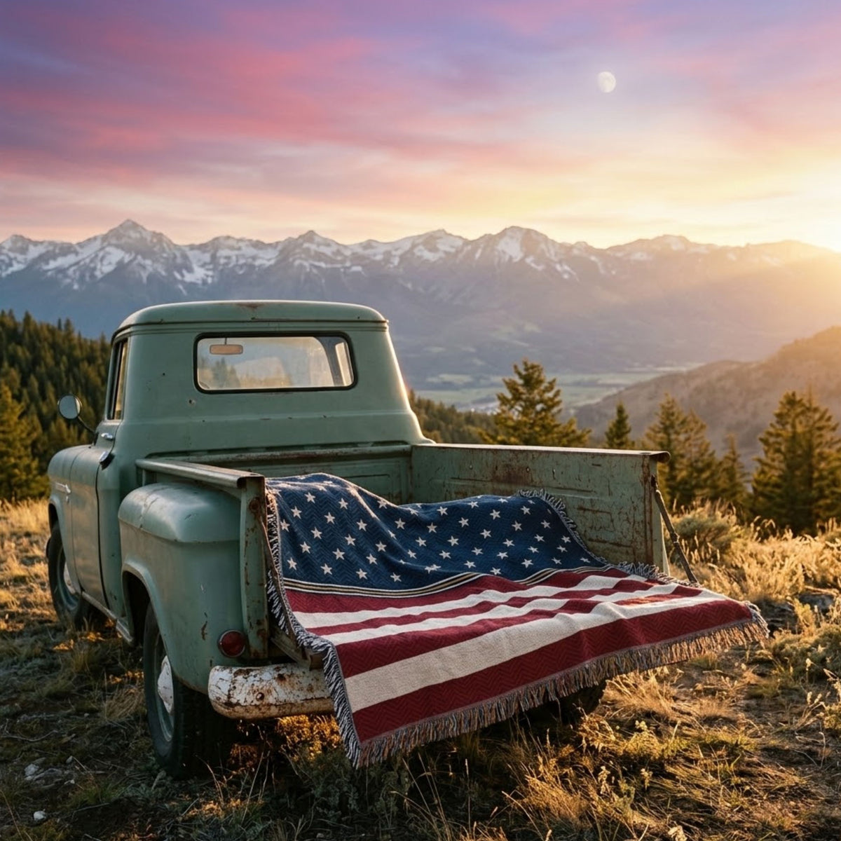 Stars and Stripes woven cotton throw over the tailgate of a sage green pickup below snowcapped peaks at sunset