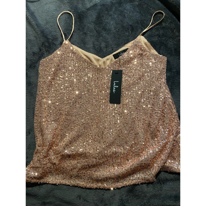 Lulus Sparkling Glimpse Rose Gold Sequin Cami Top SZ XS - Party-Ready Glam WTS03