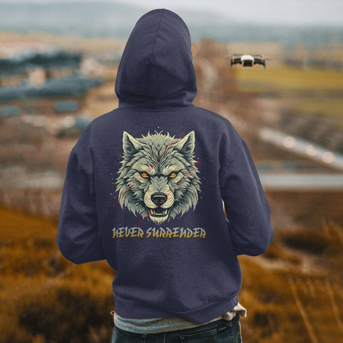 TriniSkies Men's Never Surrender Wolf Graphic Hooded Drawstring Sweatshirt