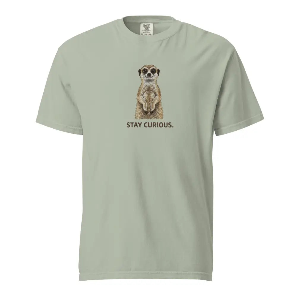 Sage green meerkat graphic tee with Stay Curious slogan