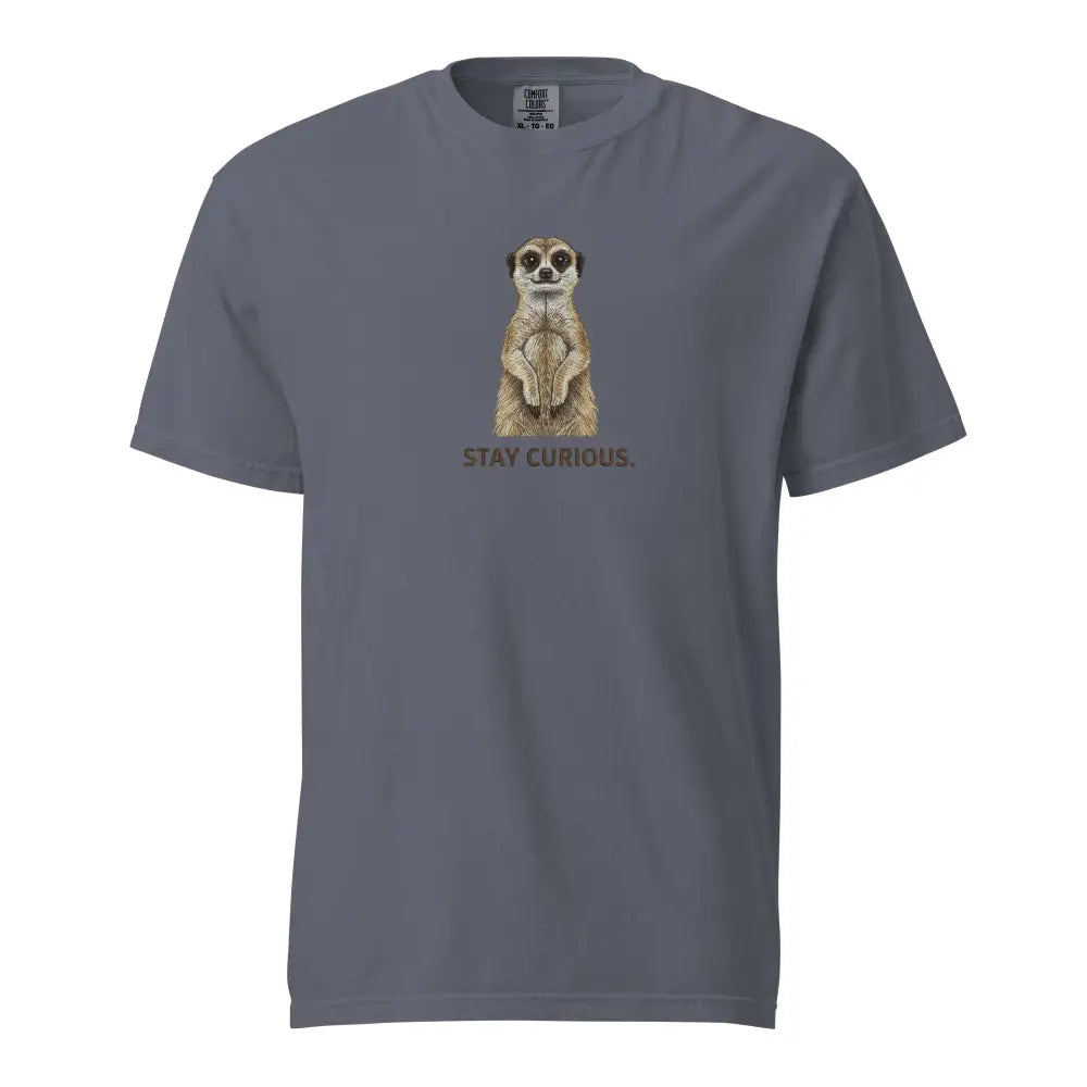 Charcoal gray Stay Curious meerkat graphic tee with short sleeves