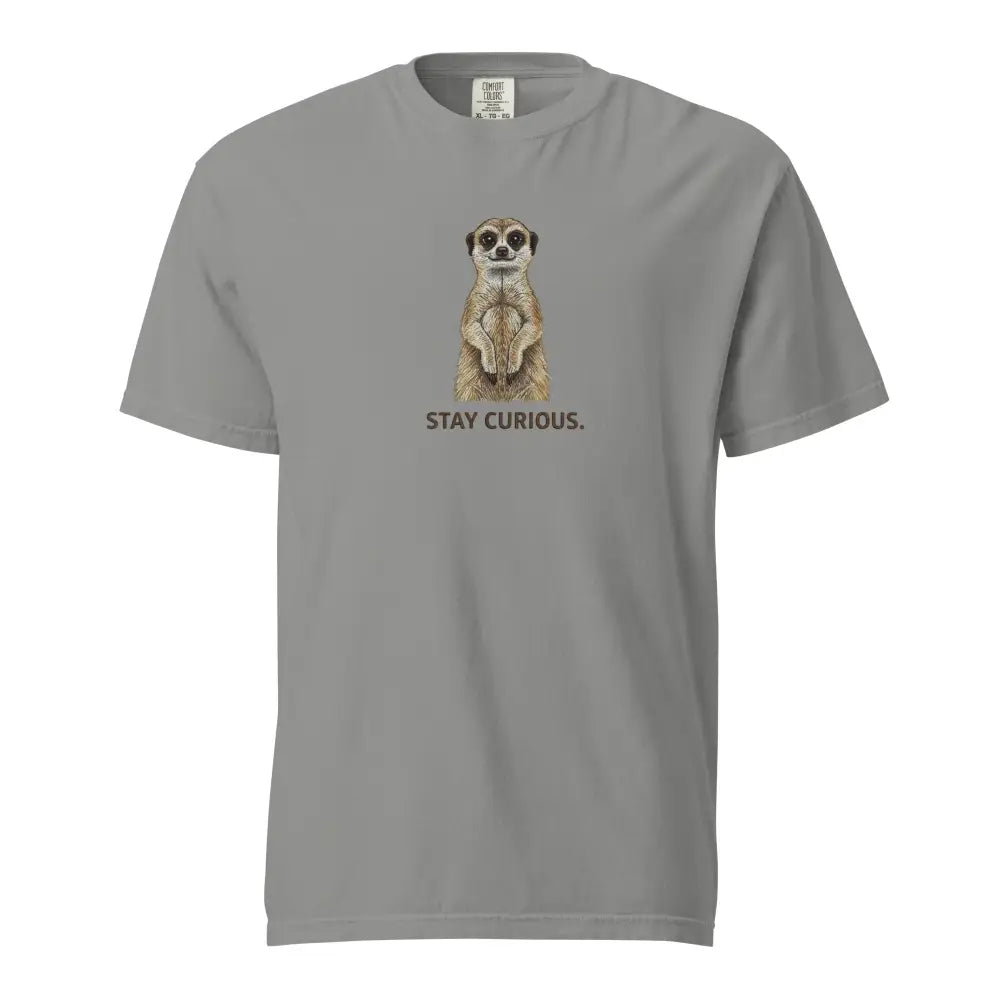 Gray meerkat graphic tee with Stay Curious text on Comfort Colors shirt