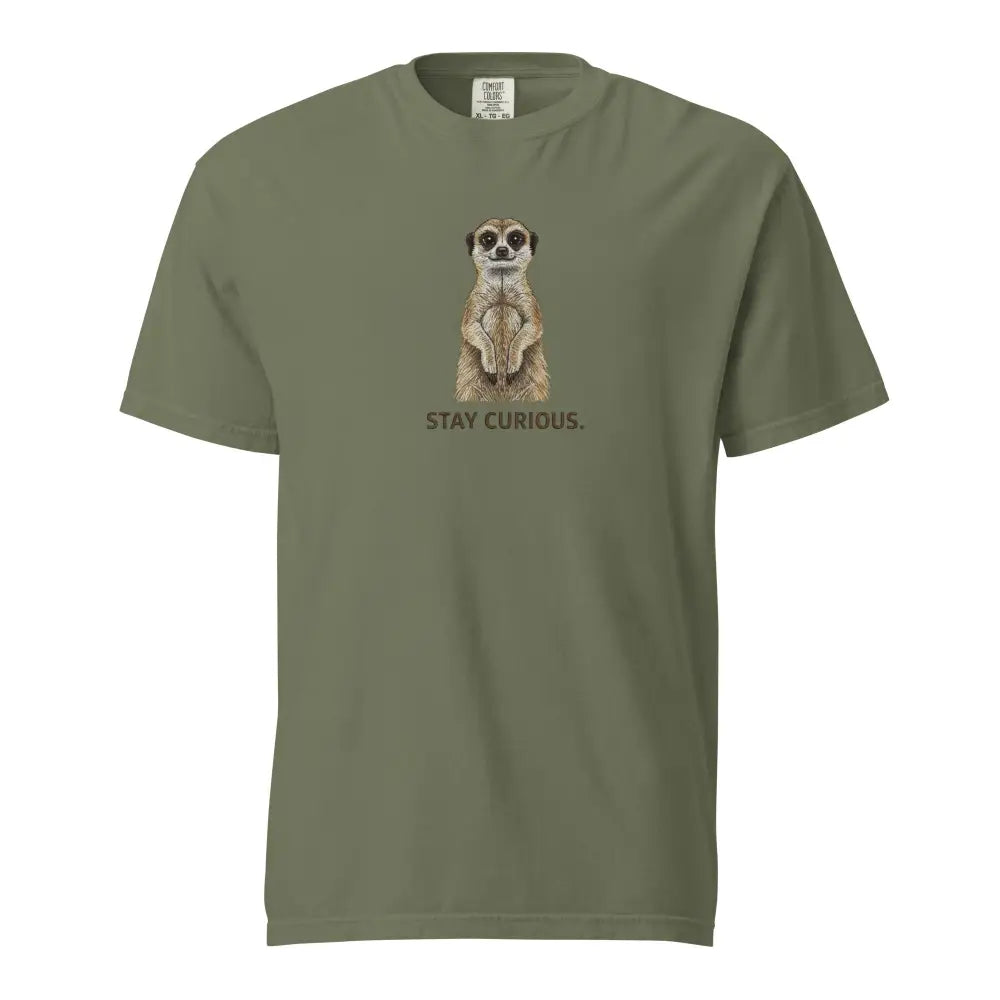 Olive green meerkat graphic tee with stay curious text