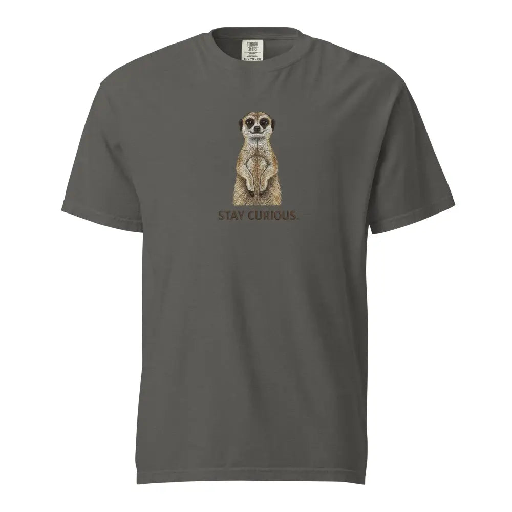 Charcoal gray meerkat graphic tee with Stay Curious text