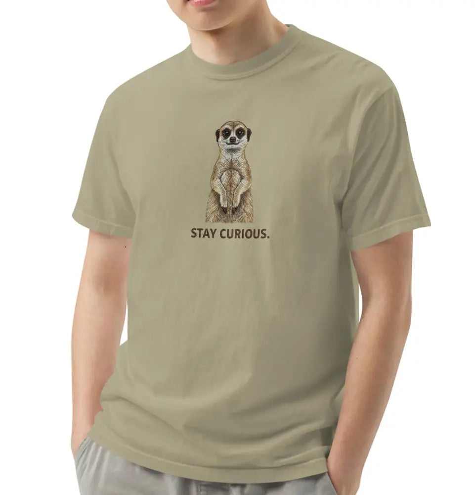Olive green meerkat graphic tee with Stay Curious slogan