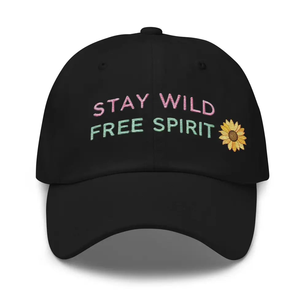 Black embroidered Stay Wild Free Spirit sunflower hat – adjustable cotton twill cap