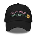 Black embroidered Stay Wild Free Spirit sunflower hat – adjustable cotton twill cap