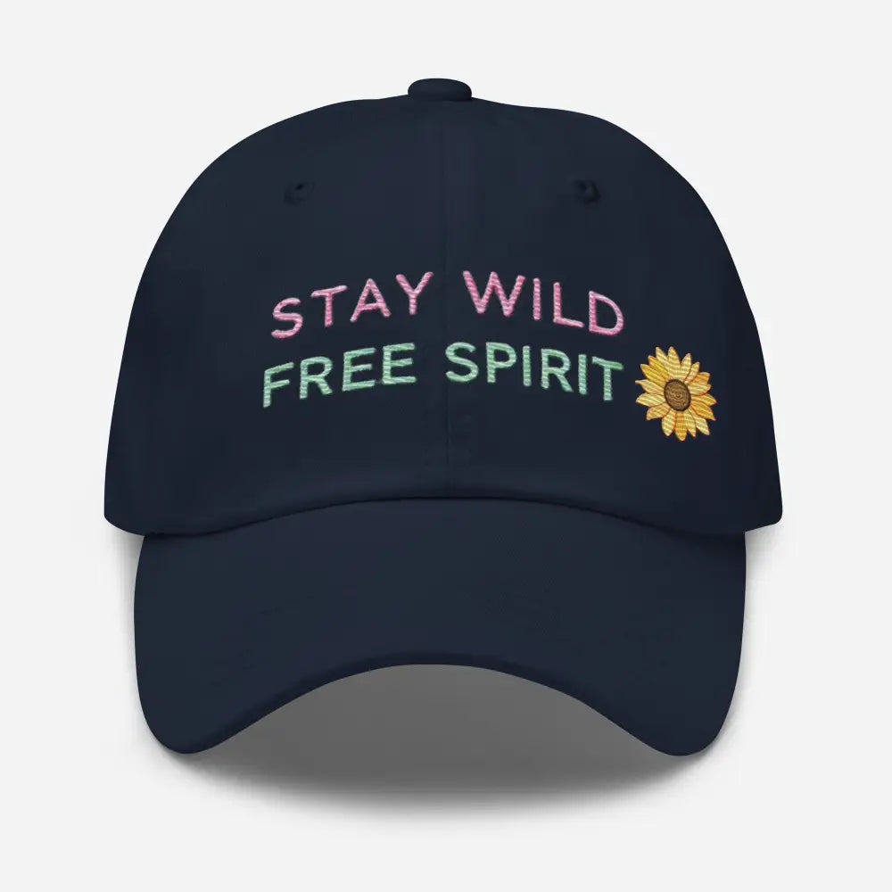 Navy embroidered Stay Wild Free Spirit sunflower cotton twill dad hat – adjustable cap for women