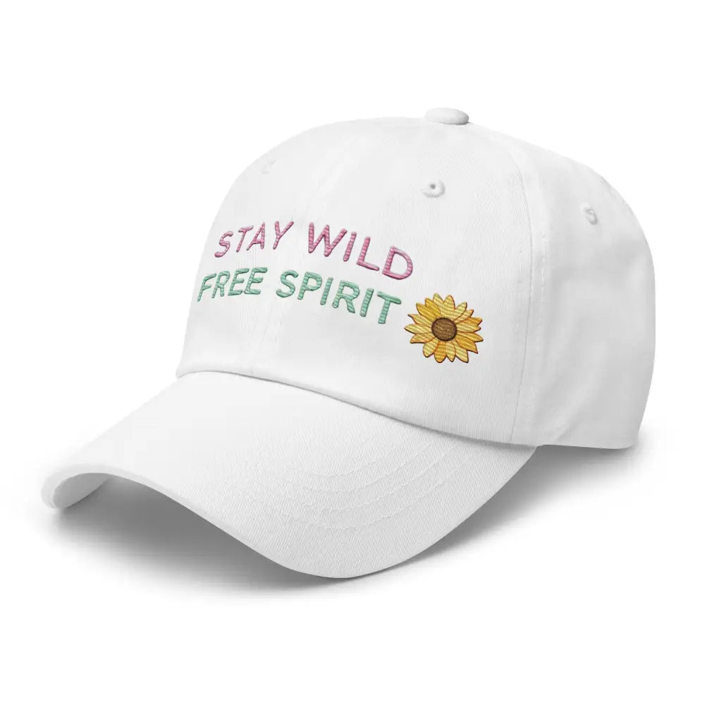 White embroidered Stay Wild sunflower dad hat side view – adjustable cotton twill cap