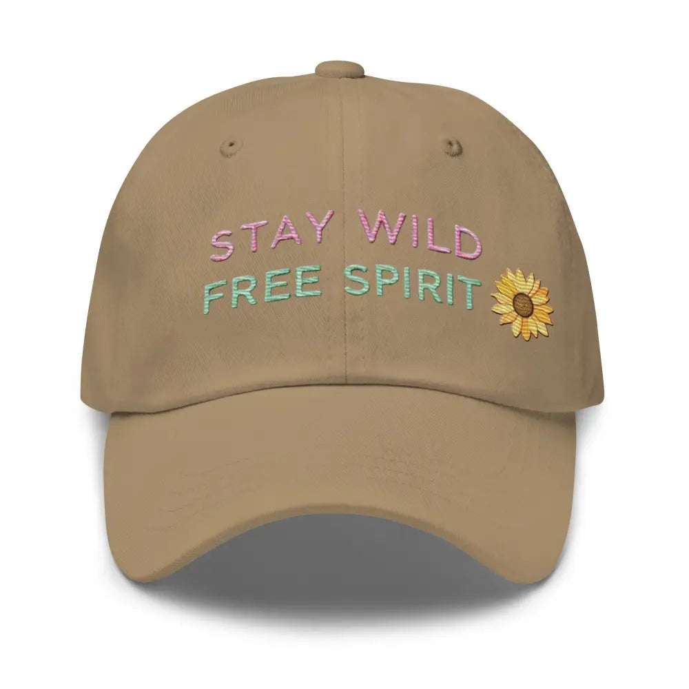 Khaki embroidered Stay Wild Free Spirit sunflower dad hat – adjustable cotton twill cap