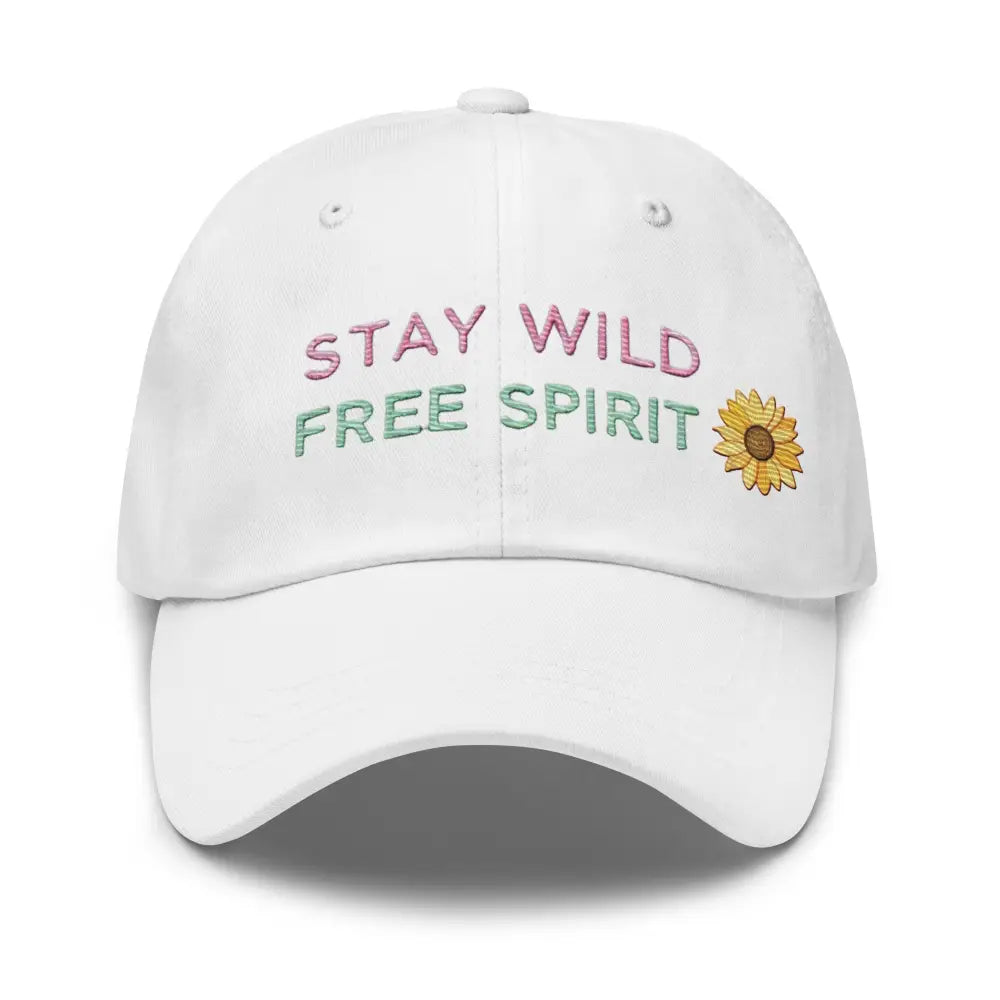 White embroidered Stay Wild Free Spirit sunflower cotton twill hat – adjustable cap
