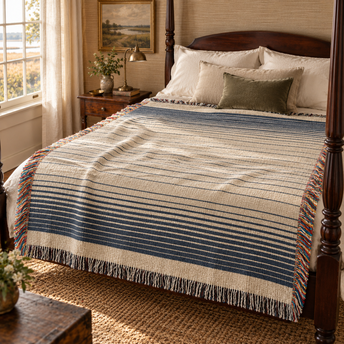 Indigo ombré stripe woven cotton throw blanket layered at the foot of a bed for coastal cottage decor