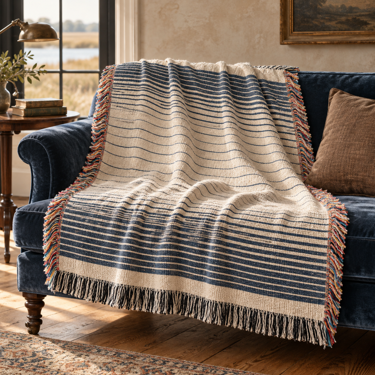Indigo blue ombré stripe woven cotton throw blanket with fringe draped over a navy velvet sofa