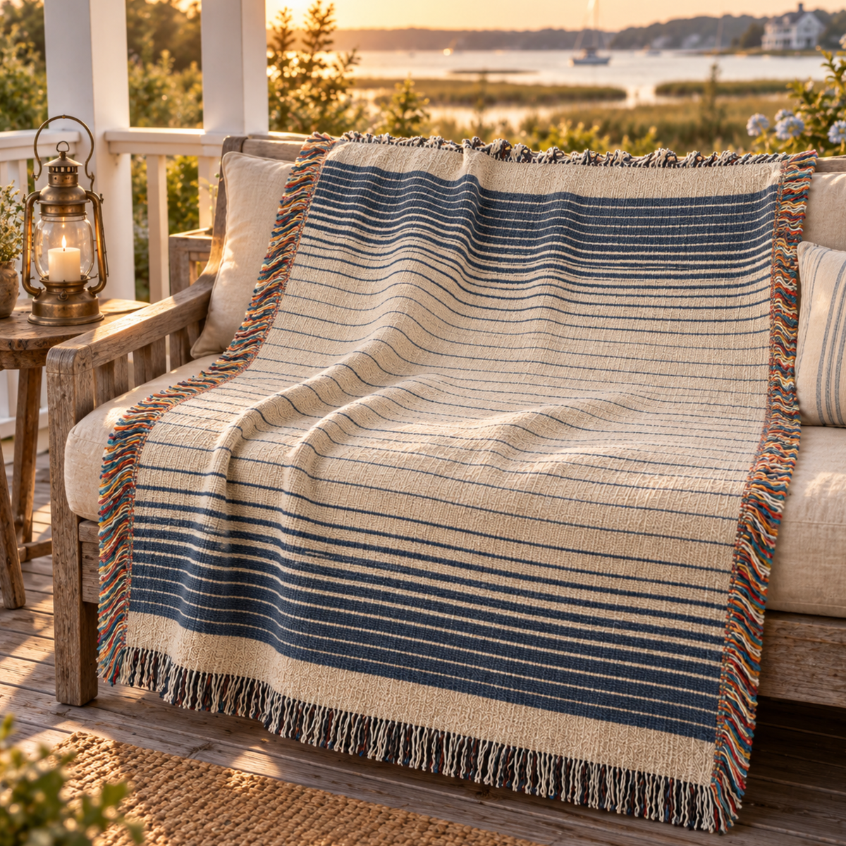 Indigo stripe cotton throw blanket with woven fringe folded over a porch chair overlooking a lake