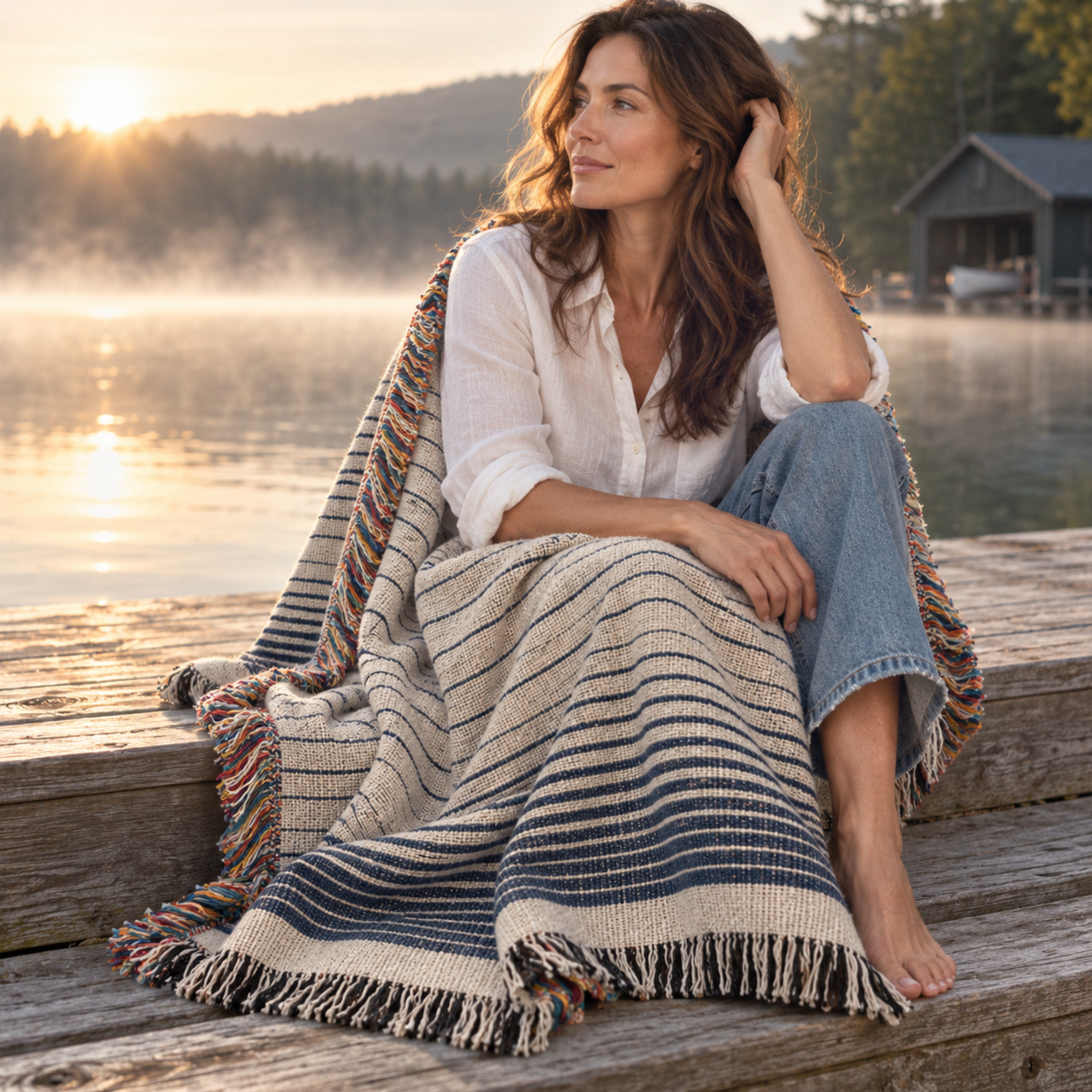Woman sitting lakeside at sunrise wrapped in an indigo stripe woven cotton throw blanket with fringe trim