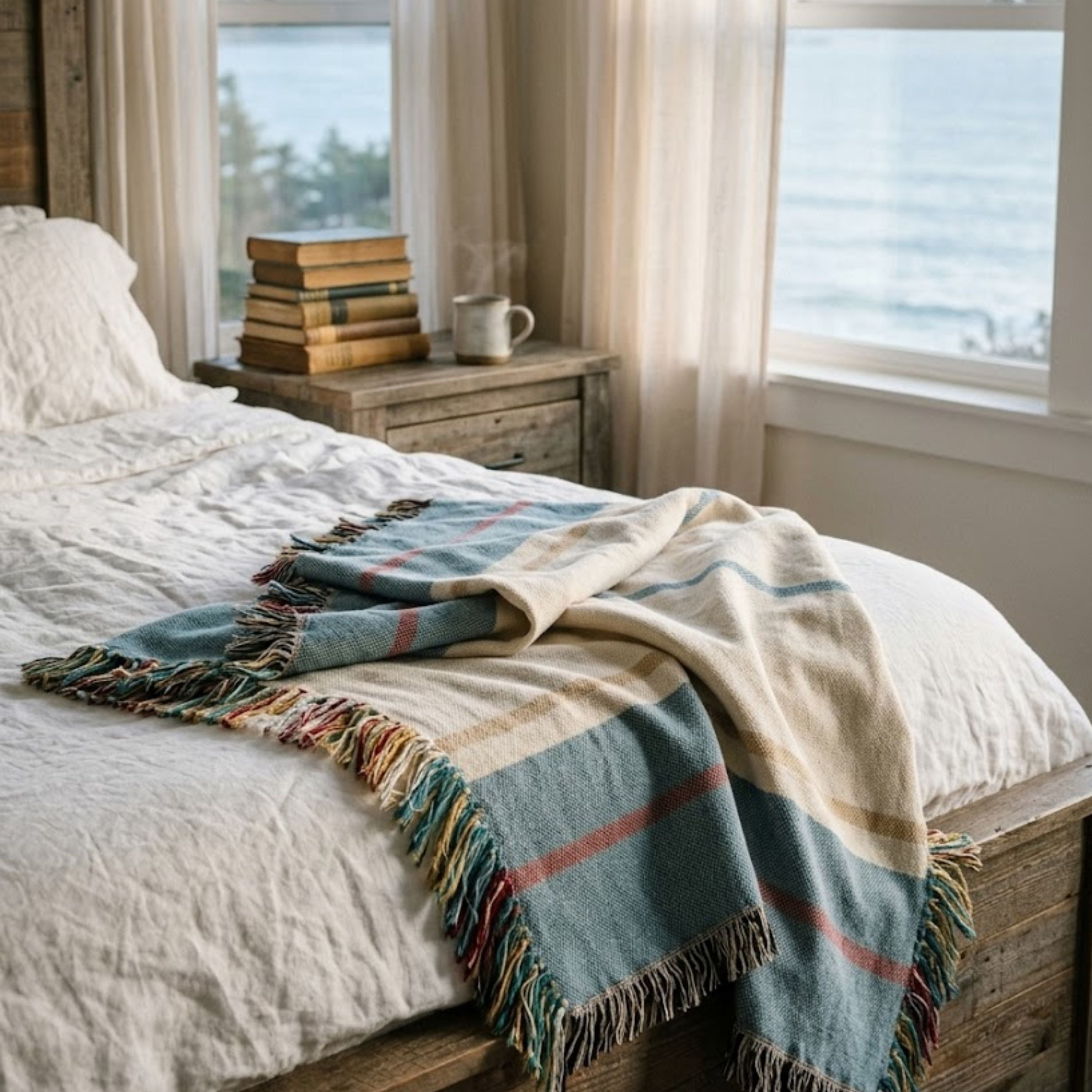The Shorewood coastal blue heritage stripe woven cotton throw blanket draped on a bed in a bright coastal bedroom with an ocean view — Trini Skies