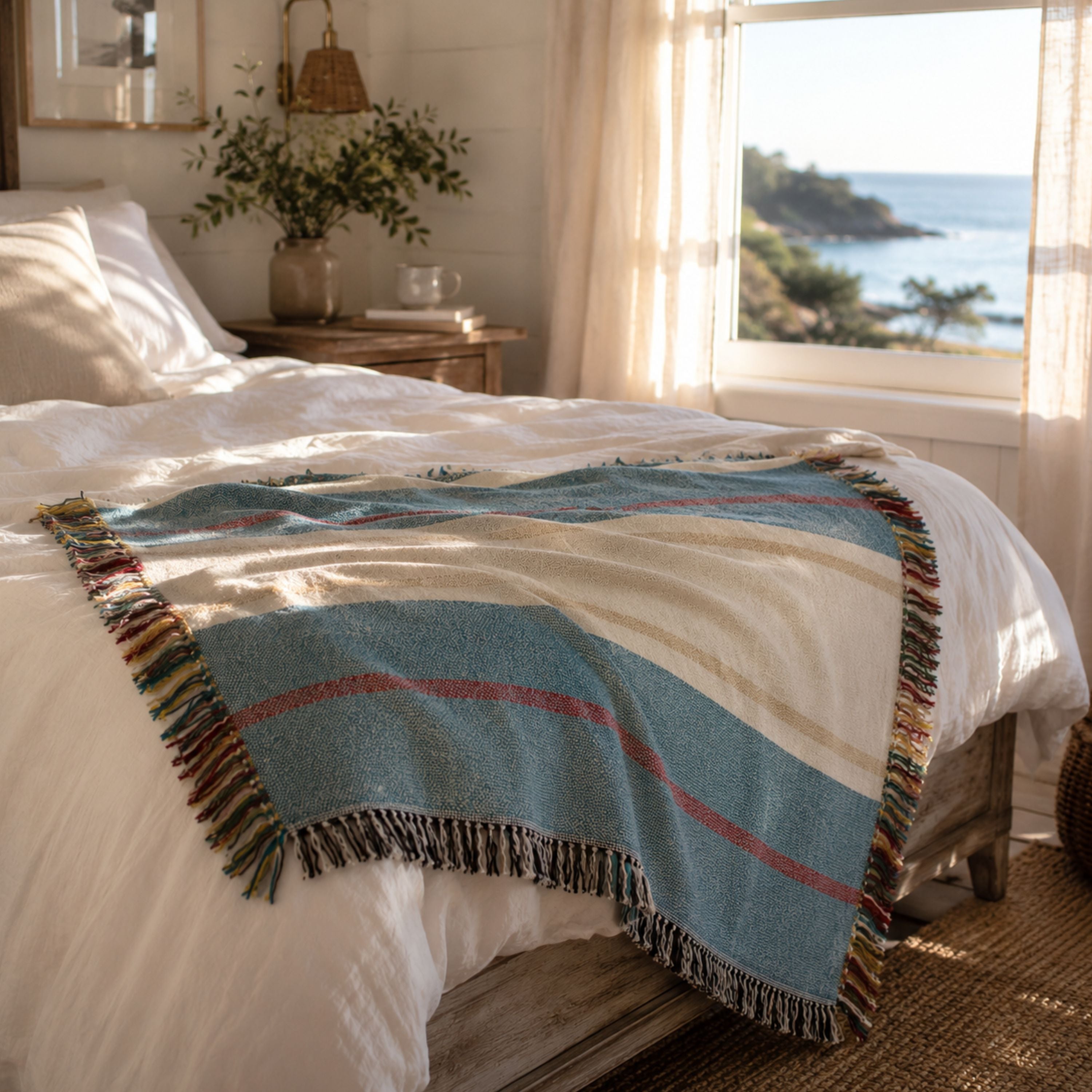 The Shorewood coastal blue heritage stripe woven cotton throw blanket folded on a bed in a coastal bedroom — Trini Skies