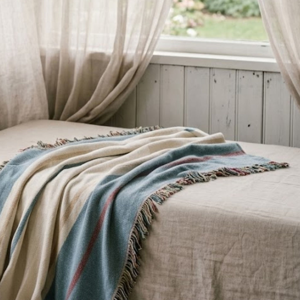 The Shorewood coastal blue heritage stripe woven cotton throw blanket draped over a bed with an ocean view through the window — Trini Skies