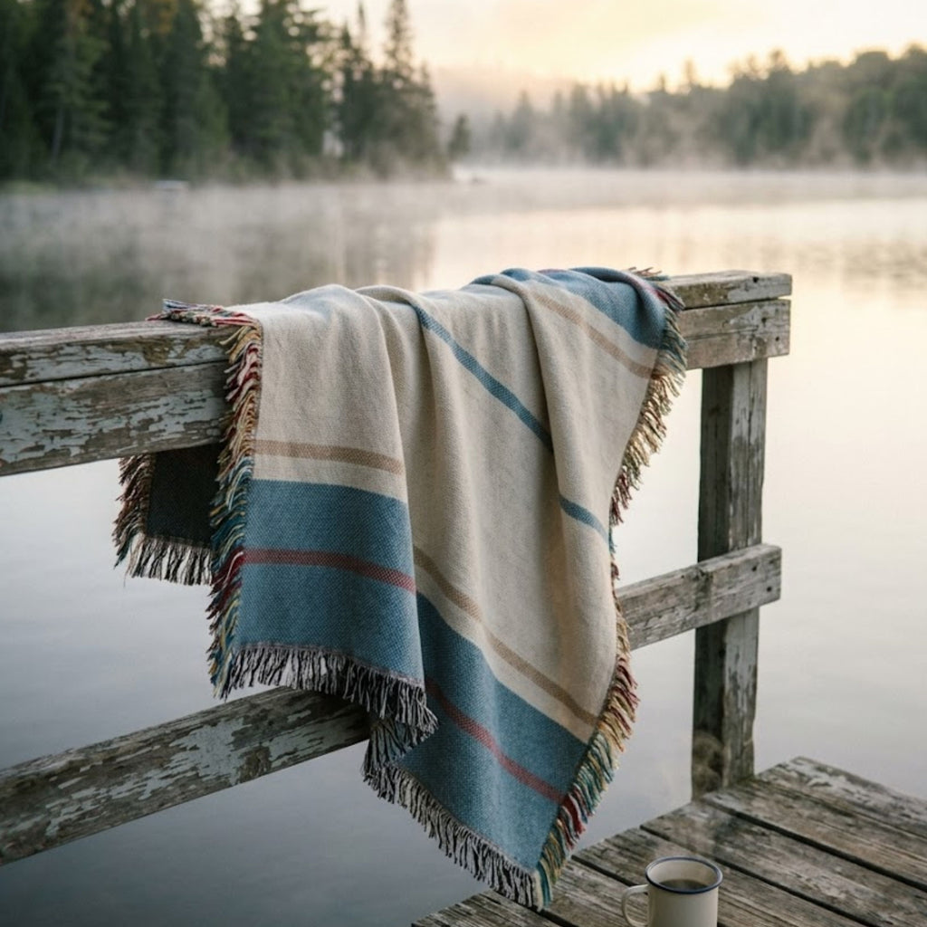 The Shorewood coastal blue heritage stripe woven cotton throw blanket draped over a weathered wood railing at a misty lake dock — Trini Skies