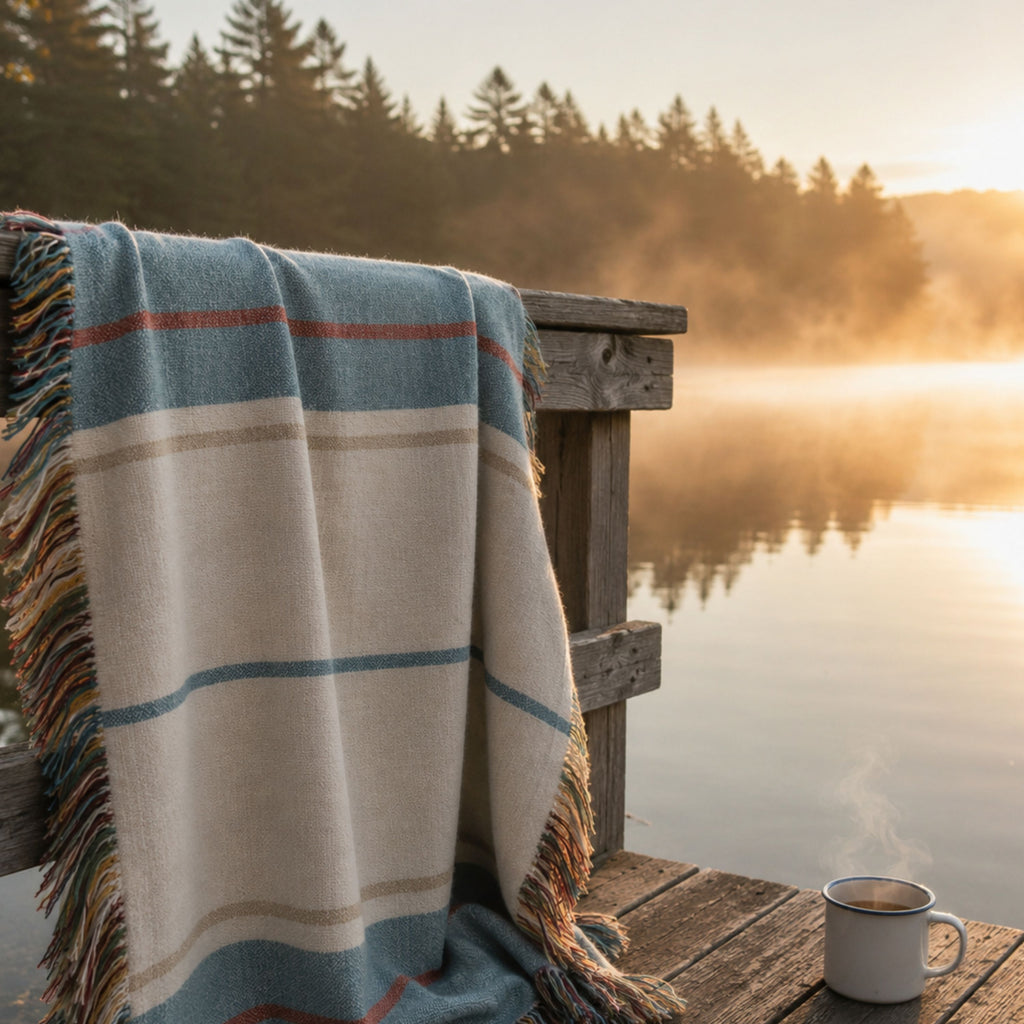 The Shorewood coastal blue heritage stripe woven cotton throw blanket spread on a dock at a misty lake at sunrise with a coffee mug — Trini Skies