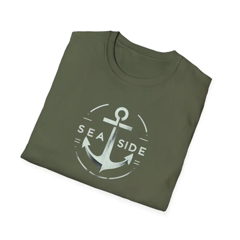 Folded olive green unisex soft-style t-shirt with nautical seaside anchor graphic