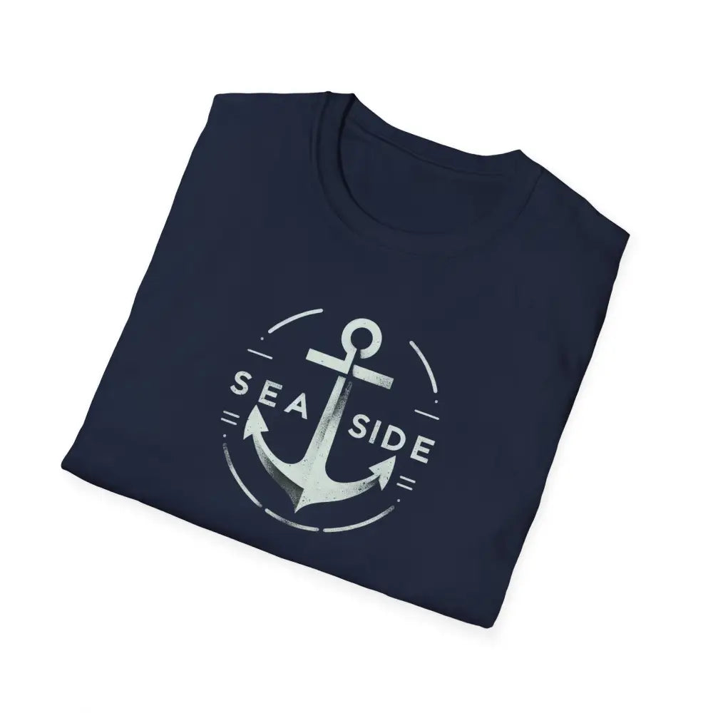 Folded navy blue unisex soft-style tee with nautical seaside anchor graphic