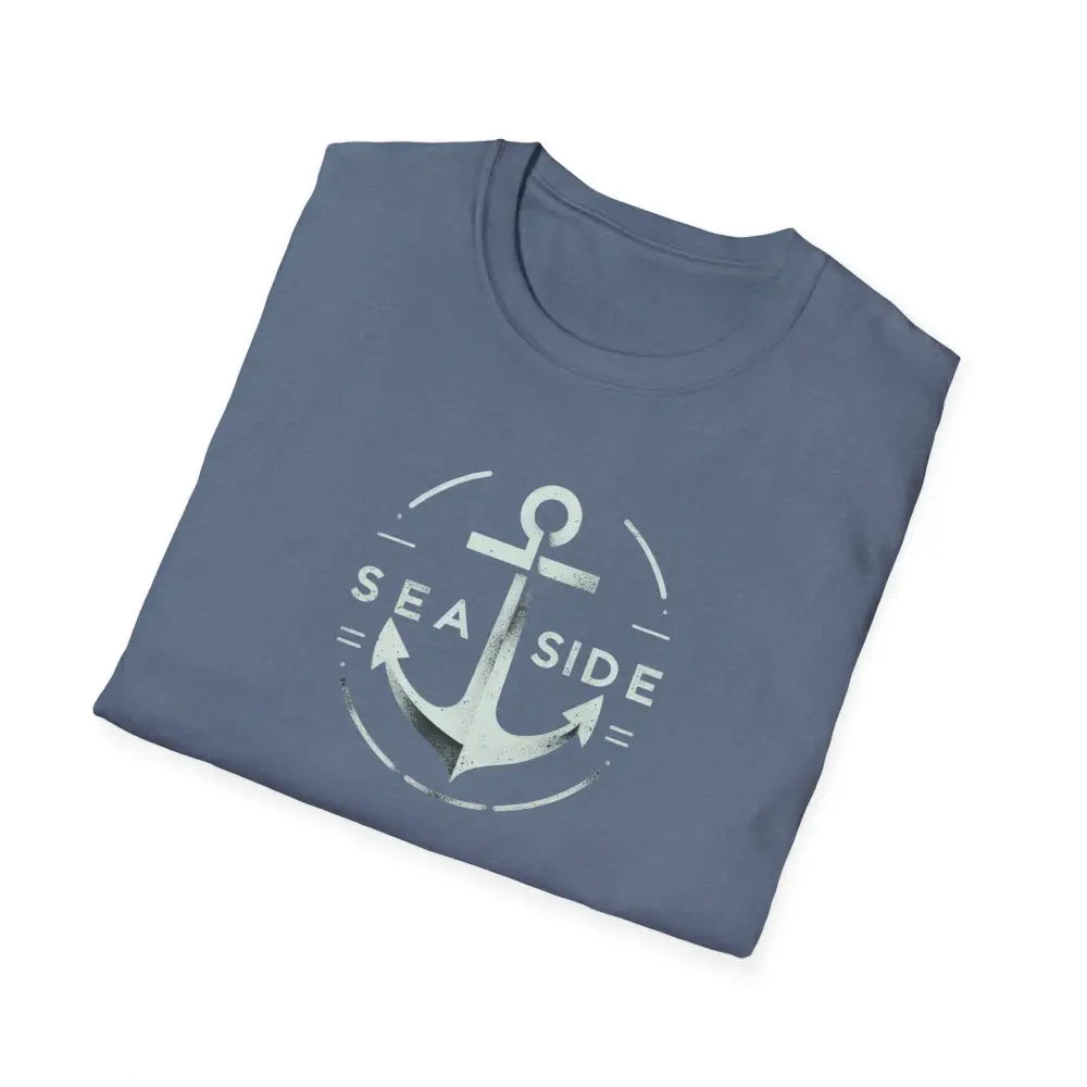 Folded unisex soft-style blue t-shirt with nautical seaside anchor graphic