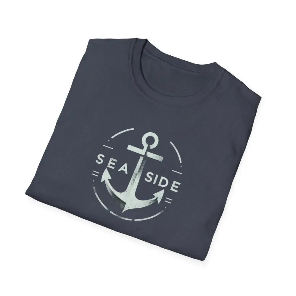 Folded navy blue unisex soft-style t-shirt with nautical seaside anchor graphic