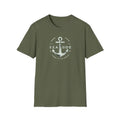 Olive green unisex soft-style tee with nautical seaside anchor graphic