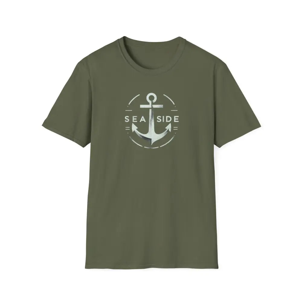 Olive green unisex soft-style tee with nautical seaside anchor graphic