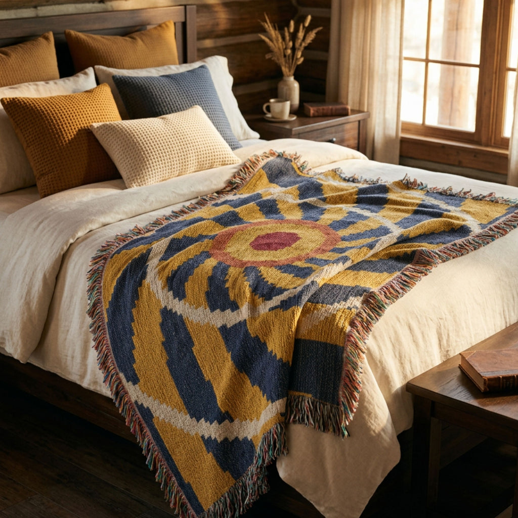 El Sol woven cotton throw blanket in indigo, gold, cream, and rust draped across a bed, radiant sunburst spiral jacquard pattern with multicolor fringe — Trini Skies