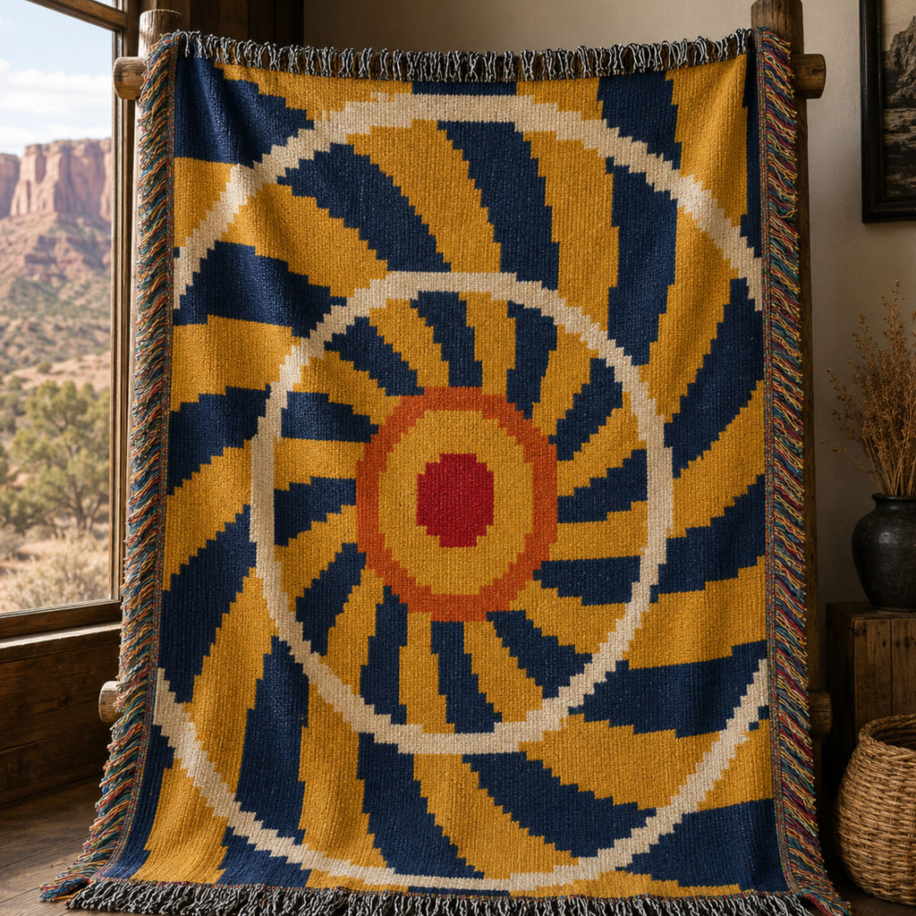 El Sol woven cotton throw blanket in indigo, gold, cream, and rust styled in a sunlit cabin, radiant sunburst spiral pattern, 100% cotton jacquard weave — Trini Skies