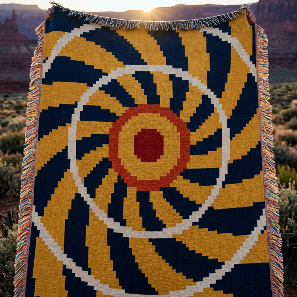 El Sol woven cotton throw blanket in indigo, gold, cream, and rust laid flat in a desert meadow, radiant sunburst spiral pattern with multicolor fringe — Trini Skies