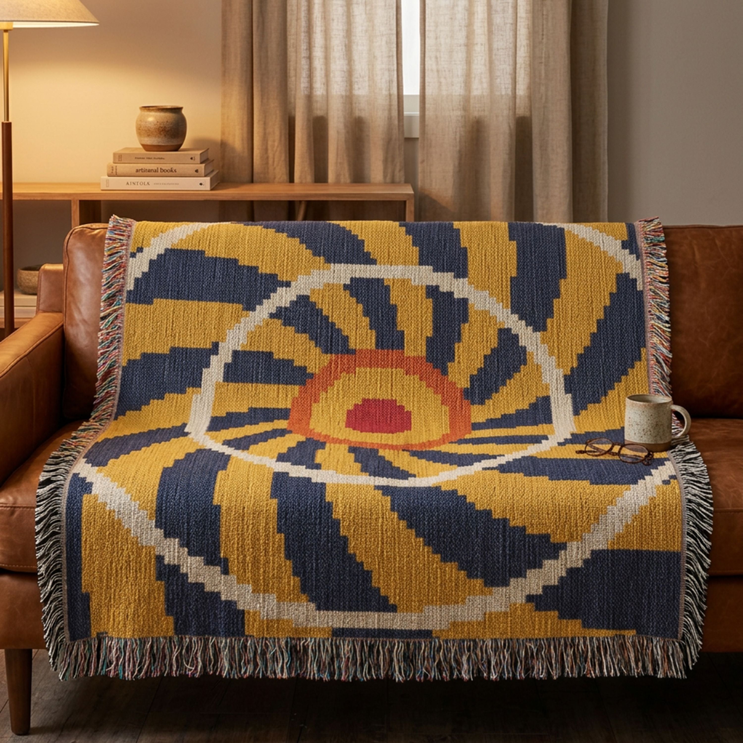 El Sol woven cotton throw blanket in indigo, gold, cream, and rust folded over a sofa, radiant sunburst spiral jacquard pattern with multicolor fringe — Trini Skies