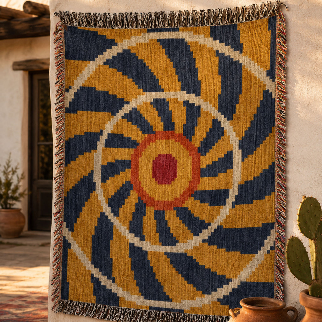 El Sol woven cotton throw blanket in indigo, gold, cream, and rust hung flat on a wall as art, radiant sunburst spiral jacquard pattern — Trini Skies