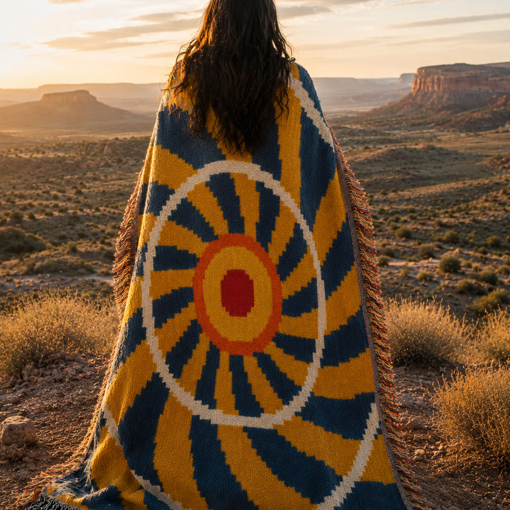 Woman wrapped in the El Sol woven cotton throw blanket in indigo, gold, cream, and rust, radiant sunburst spiral pattern, standing in a high-desert landscape — Trini Skies