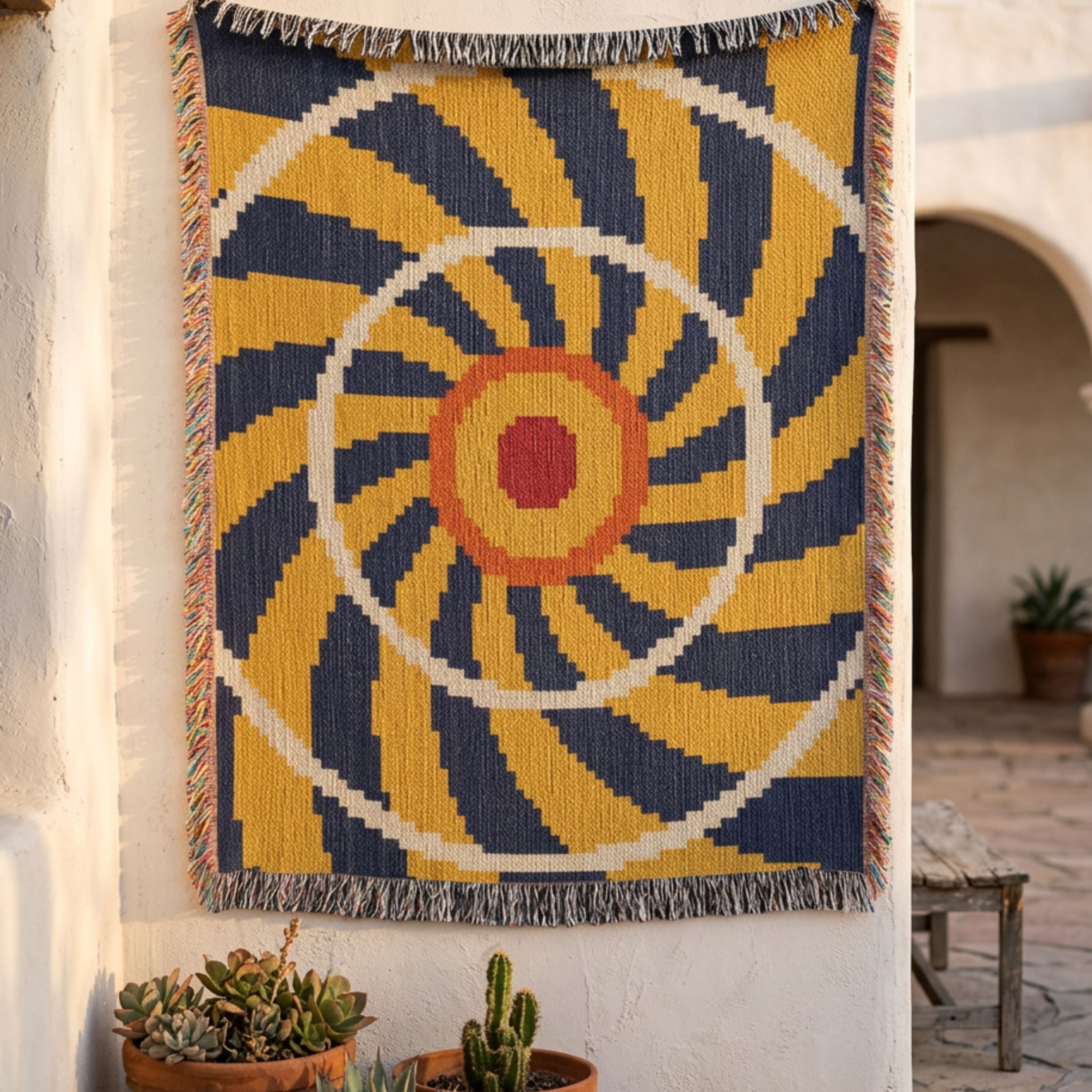 El Sol woven cotton throw blanket in indigo, gold, cream, and rust, radiant sunburst spiral pattern, 100% cotton jacquard weave draped over a courtyard railing — Trini Skies