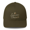 Trini Skies embroidered corduroy cap in olive green with Sun Chaser