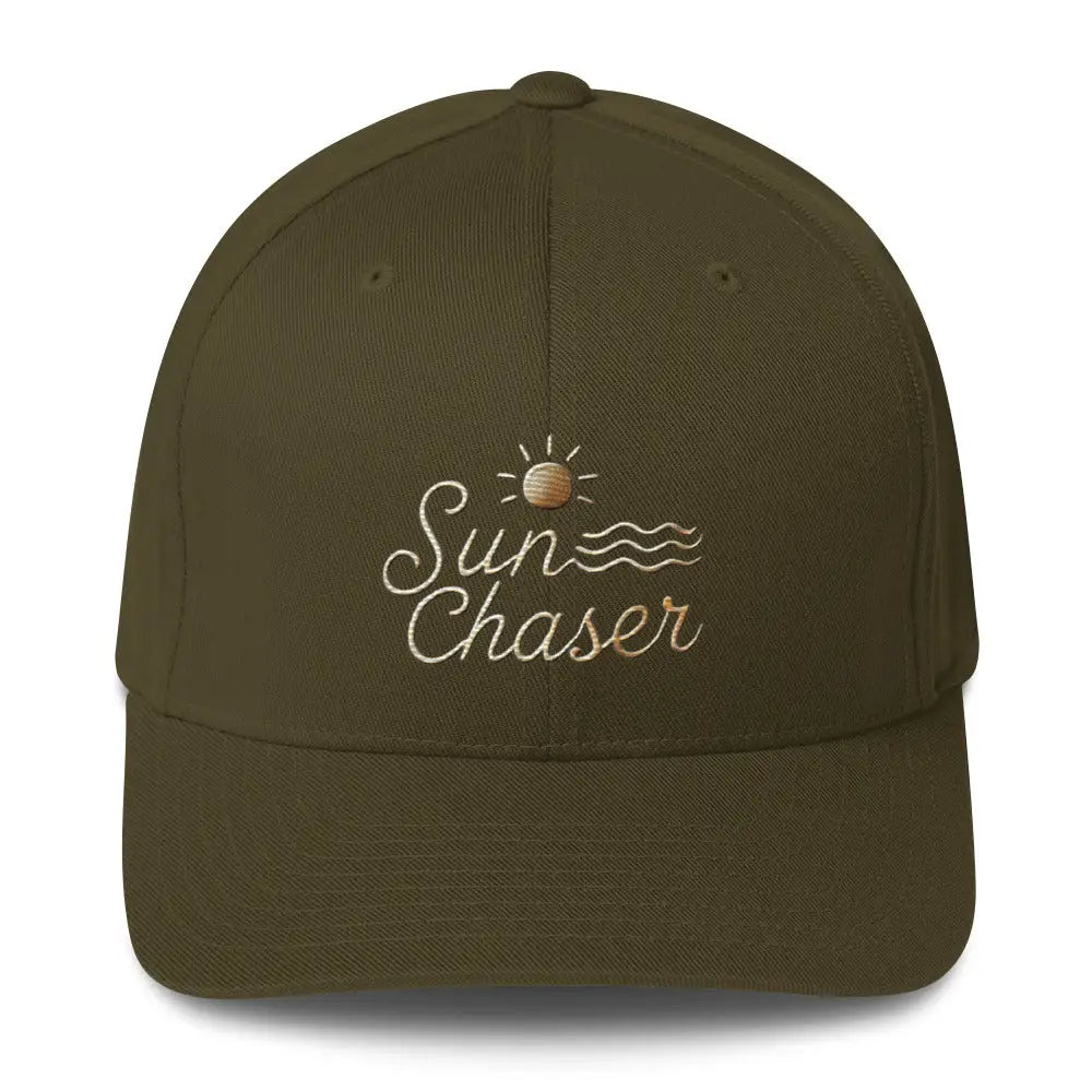 Trini Skies embroidered corduroy cap in olive green with Sun Chaser