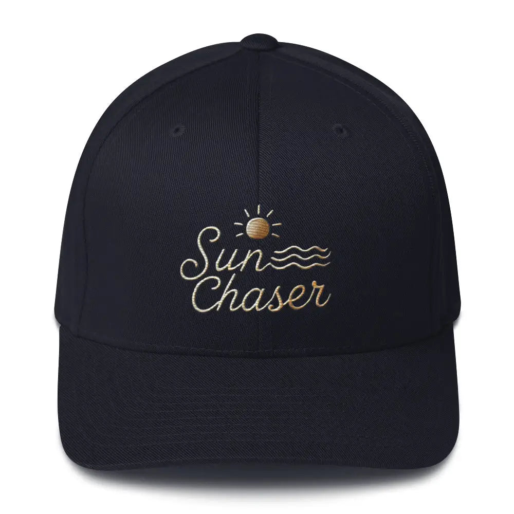 Navy blue embroidered corduroy cap with Trini Skies Sun Chaser design