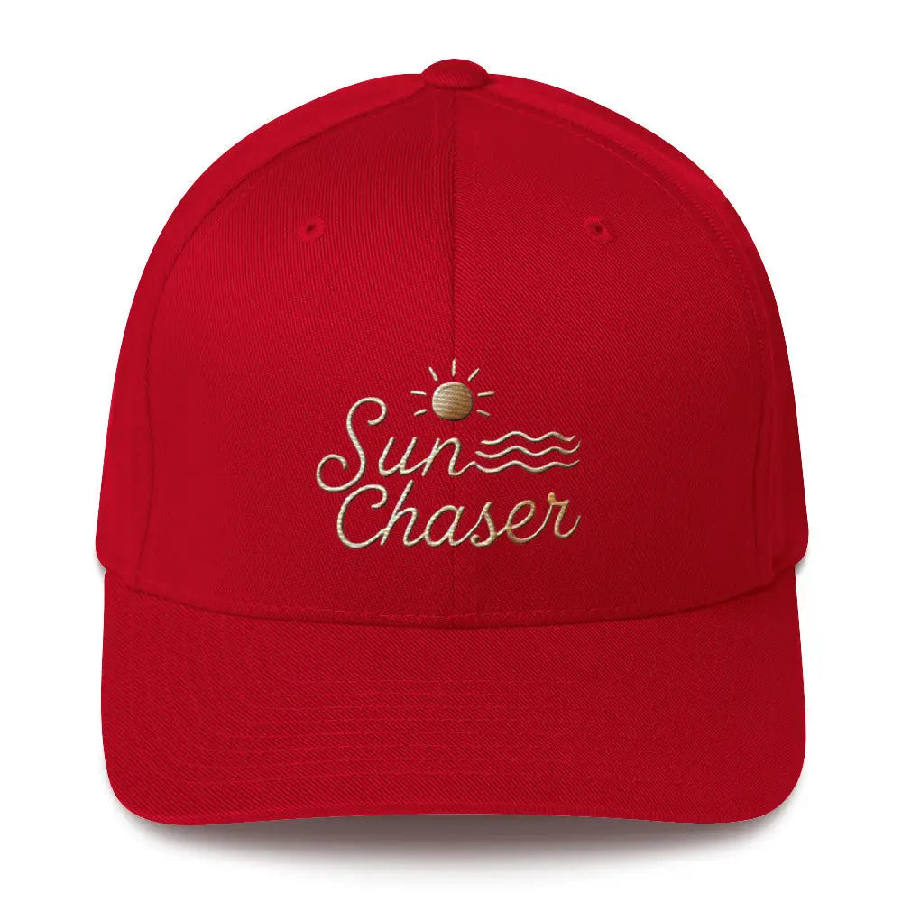 Red Trini Skies embroidered corduroy cap with Sun Chaser design