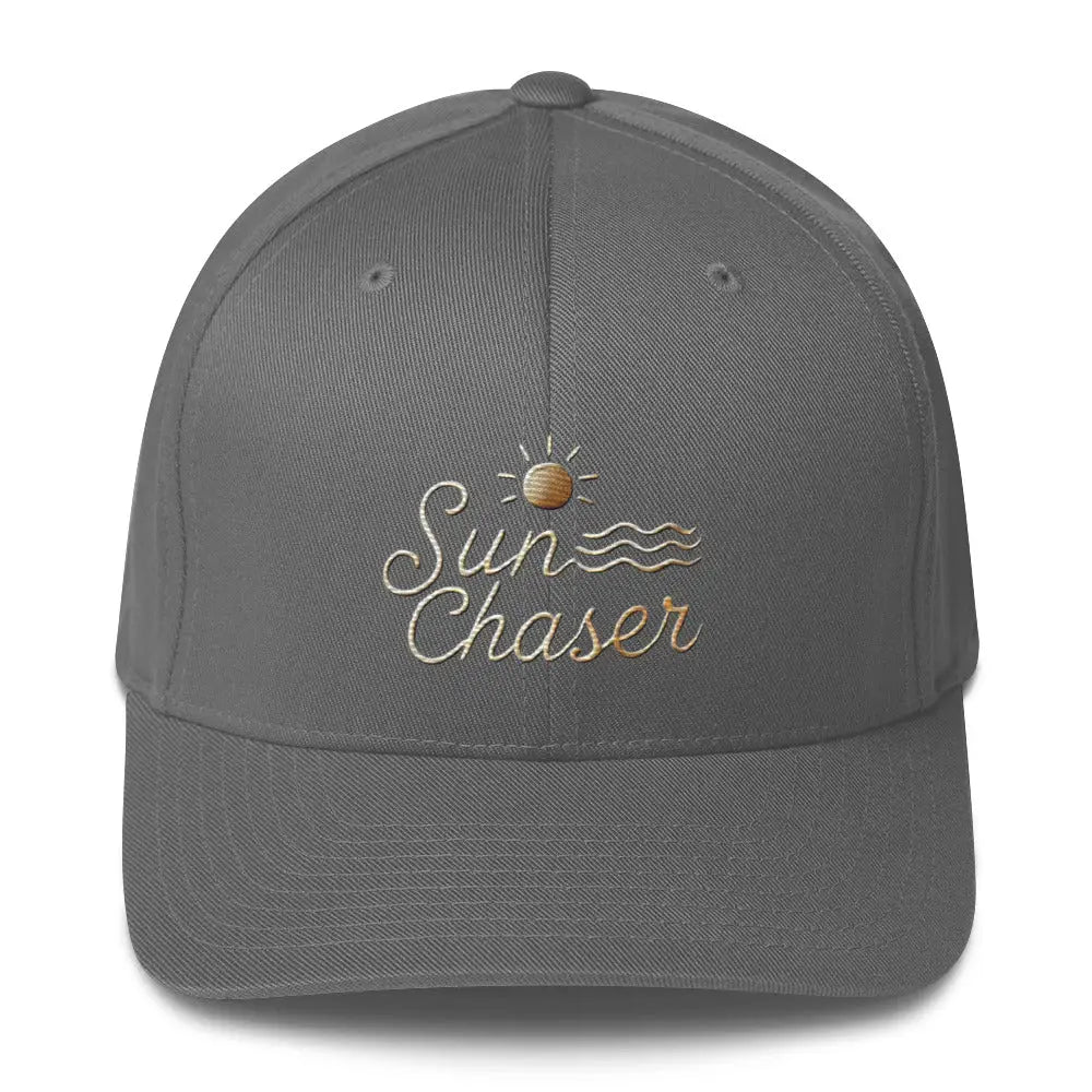 Trini Skies embroidered corduroy cap in charcoal gray with Sun Chaser design