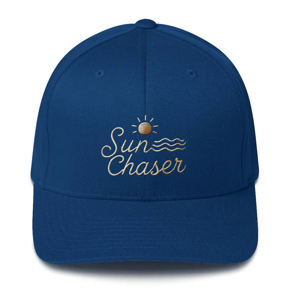 Trini Skies blue embroidered corduroy cap with Sun Chaser design