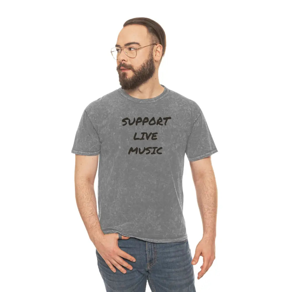 Man modeling gray mineral wash tee with support live music underground music scene graphic